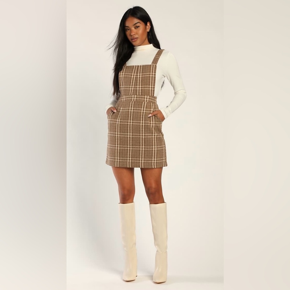 NEW Lulus Preppy Plaid to Be Yours Beige & Brown Plaid Pinafore Mini Dress Small